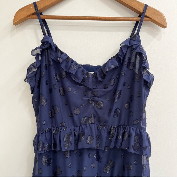 Michael Michael Kors Printed Jacquard Ruffled Midi Dress True Navy Blue Large - Picture 4 of 13